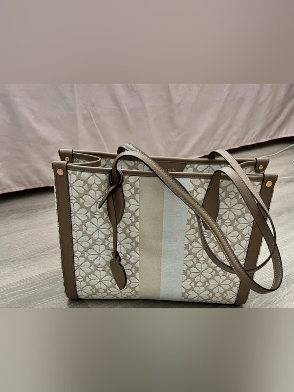 ‼️ON SALE‼️ New Authentic -Kate Spade Neutral Floral Canvas Tote With Dust Bag - Picture 3 of 16